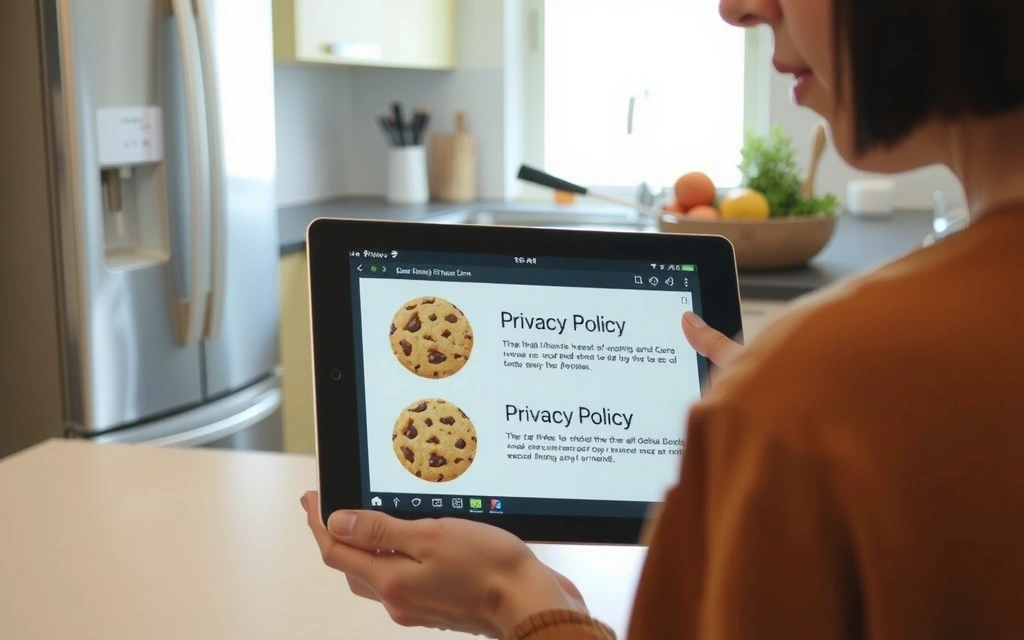 Eine Person, die ein Tablet mit Cookie-Symbolen und Datenschutzinformationen betrachtet, während sie eine gesunde Mahlzeit zubereitet.